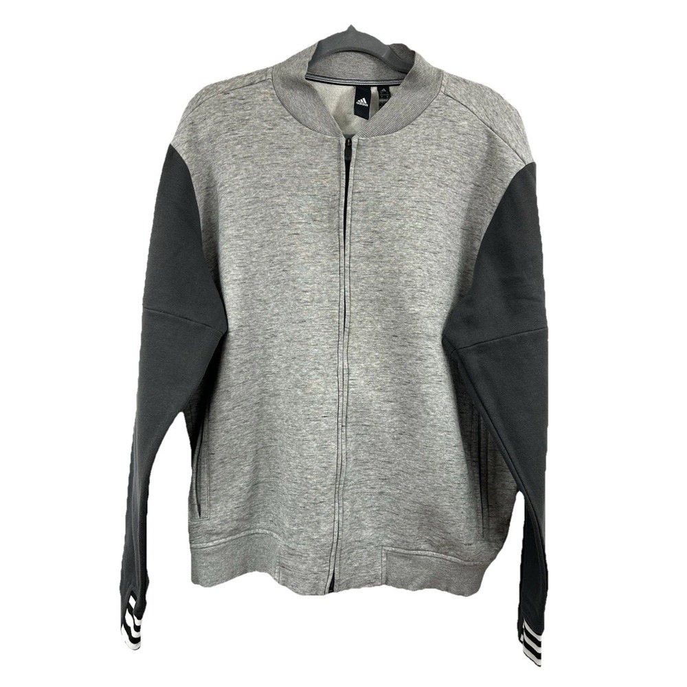 Adidas Men's Full Zip Bomber Jacket Grey/Black Size L Modern Varsity Track Prepp